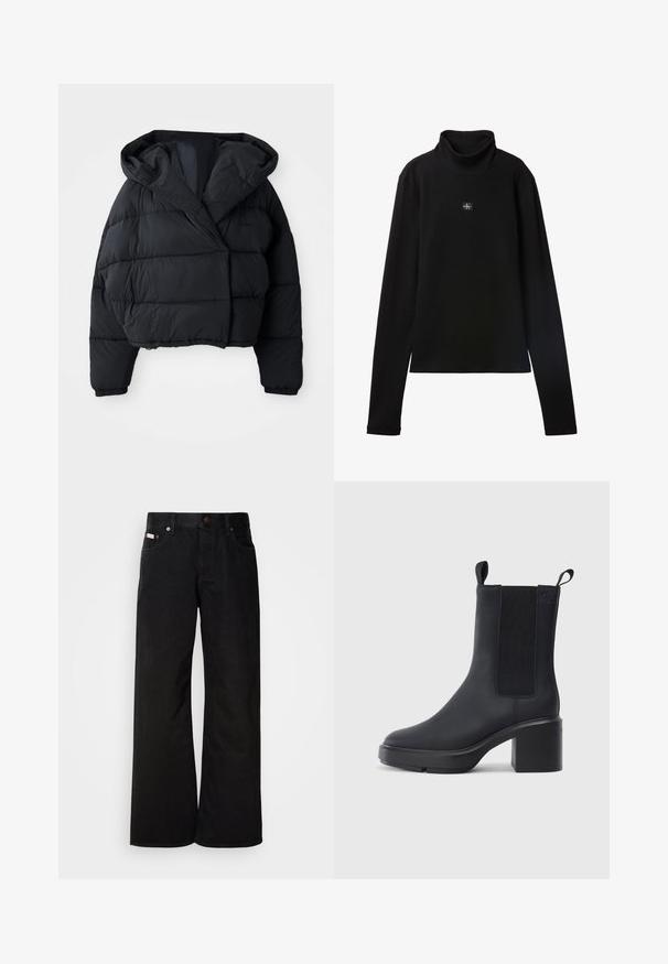 Zwarte gewatteerde jas met een cropped ontwerp, voorzien van een capuchon, een gewatteerde textuur en elastische cuffs. Minimalistische stijl en lichtgewicht materiaal.; Zwarte geribde coltrui met lange mouwen en een klein vierkant Calvin Klein-logo midden op de borst.; Zwarte wijde spijkerbroek van katoen. Voorzien van zijzakken, een knoopsluiting en een klassieke denimtextuur. Minimalistisch ontwerp zonder patronen.; Zwarte enkellaars met een gladde rubberen materiaal, elastische zijkanten, blokhak en instaplipjes aan de bovenkant voor makkelijk aan- en uittrekken.
