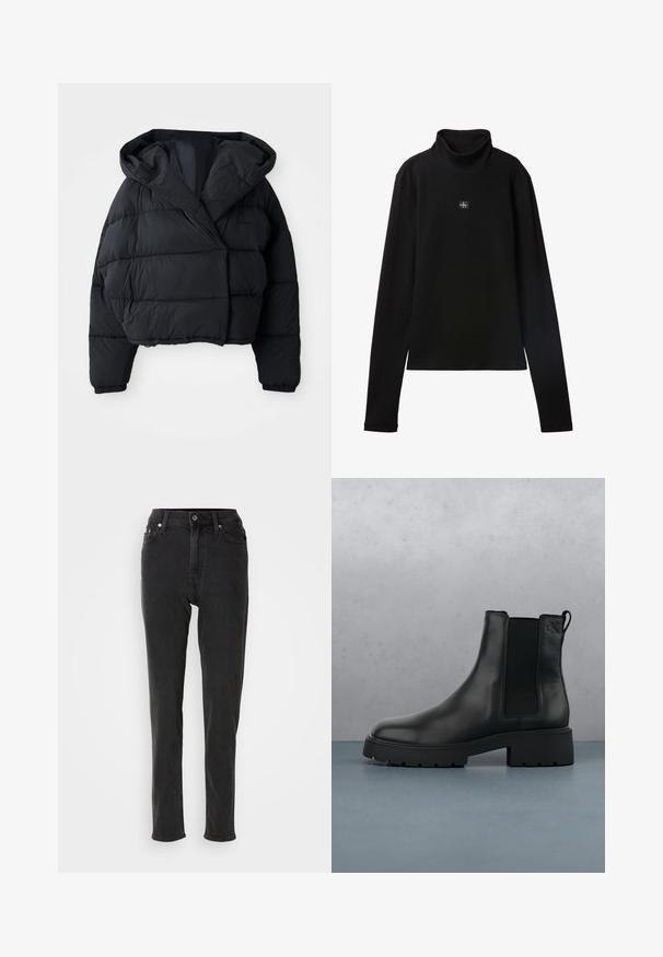 Sort pufferjakke med cropped design, der har hætte, quiltet tekstur og elastiske manchetter. Minimalistisk stil og letvægtsmateriale.; Sort ribstrikket bluse med lange ærmer og lille firkantet Calvin Klein-logo placeret centralt på brystet.; Sorte højttaljede denimjeans med smal pasform, der har knaplukning, bæltestropper og kontrastsyninger. Glat tekstur uden synlige mønstre.; Sort læder Chelsea-boot med elastiske sidepaneler, tekstureret finish og en robust sål, placeret over brune træfliser med småsten.