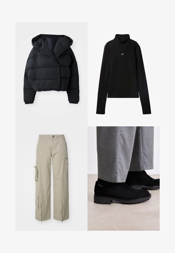 Sort pufferjakke med cropped design, der har hætte, quiltet tekstur og elastiske manchetter. Minimalistisk stil og letvægtsmateriale.; Sort ribstrikket bluse med lange ærmer og lille firkantet Calvin Klein-logo placeret centralt på brystet.; Beige cargo bukser lavet af bomuld. Har store sidelommer, lynlåsåbninger ved manchetterne og et afslappet, bredt ben-design.; Sorte suede ankelstøvler med gummisål, der har et elastisk sidepanel og et logo akcent på hælen. Parret med grå bukser.