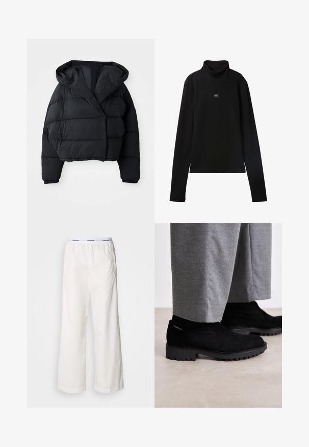 Zwarte gewatteerde jas met een cropped ontwerp, voorzien van een capuchon, een gewatteerde textuur en elastische cuffs. Minimalistische stijl en lichtgewicht materiaal.; Zwarte geribde coltrui met lange mouwen en een klein vierkant Calvin Klein-logo midden op de borst.; Witte wijde broek met een elastische tailleband met een contrasterend Calvin Klein-logo. Gemaakt van gladde stof, bieden ze een ontspannen fit.; Zwarte suède enkellaarsjes met een rubberen zool, voorzien van een elastische zijpaneel en een logo-accent op de hak. Gecombineerd met grijze broeken.