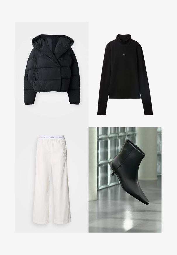 Zwarte gewatteerde jas met een cropped ontwerp, voorzien van een capuchon, een gewatteerde textuur en elastische cuffs. Minimalistische stijl en lichtgewicht materiaal.; Zwarte geribde coltrui met lange mouwen en een klein vierkant Calvin Klein-logo midden op de borst.; Witte wijde broek met een elastische tailleband met een contrasterend Calvin Klein-logo. Gemaakt van gladde stof, bieden ze een ontspannen fit.; Zwarte leren enkellaars met spits toelopende neus en lage kittenhak, schuin weergegeven tegen een gepolijste vloer en een glazen blokken muur als achtergrond.