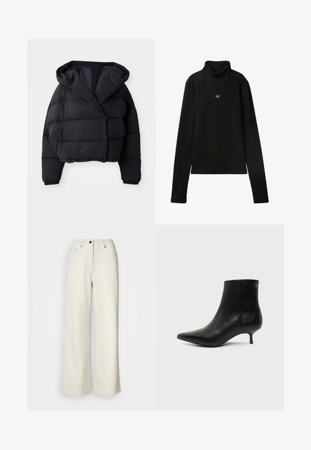 Sort pufferjakke med cropped design, der har hætte, quiltet tekstur og elastiske manchetter. Minimalistisk stil og letvægtsmateriale.; Sort ribstrikket bluse med lange ærmer og lille firkantet Calvin Klein-logo placeret centralt på brystet.; Cremefarvede bukser med brede ben lavet af glat stof. Har en mellemhøj talje, lynlås i gulvet og to frontlommer med sorte hardware accenter.; Sort læder ankelstøvle med spids tå og lav kitten hæl på lys baggrund, der viser yderside.