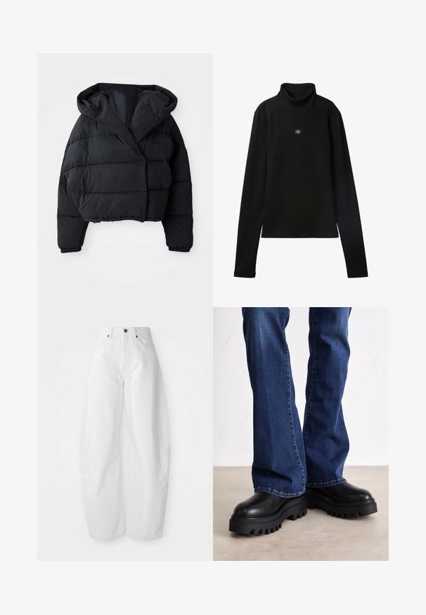 Sort pufferjakke med cropped design, der har hætte, quiltet tekstur og elastiske manchetter. Minimalistisk stil og letvægtsmateriale.; Sort ribstrikket bluse med lange ærmer og lille firkantet Calvin Klein-logo placeret centralt på brystet.; Højtaljede hvide denimbukser med løs pasform. Har en knaplukning, sidelommer og et minimalistisk design. Glat tekstur.; Chunky sorte platform støvler med teksturerede gummisåler, rund tå og glat læderoverdel, parret med blå flagrende jeans.