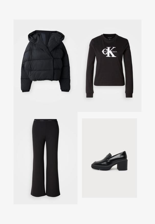 Sort pufferjakke med cropped design, der har hætte, quiltet tekstur og elastiske manchetter. Minimalistisk stil og letvægtsmateriale.; Sort langærmet T-shirt lavet af bomuld. Har et hvidt "Calvin Klein" logo og et lille "CK" design på forsiden. Klassisk crew neck-stil.; Sorte vide bukser lavet af blødt stof med en bred linning med Calvin Klein-logoet. Glat tekstur, hel-langde design.; Sort læderloafer med chunky høj hæl og plateau-sål, vist i profil på en ensfarvet hvid baggrund.