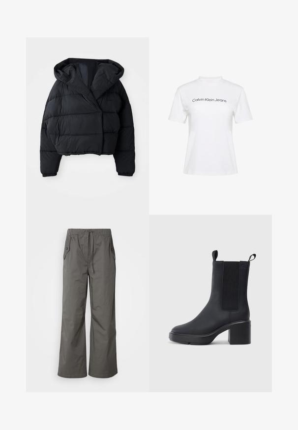 Sort pufferjakke med cropped design, der har hætte, quiltet tekstur og elastiske manchetter. Minimalistisk stil og letvægtsmateriale.; Hvid bomulds-T-shirt med rund hals og korte ærmer, med teksten "Calvin Klein Jeans" i sort tryk på tværs af brystet.; Grå vide benbukser lavet af letvægtsstof, der har elastisk talje, snor og to sidelommer med knap-accenter.; Sorte ankelstøvler i glat gummimateriale, med elastiske sidepaneler, blokhæle og trækskilt øverst for nem påtagning.