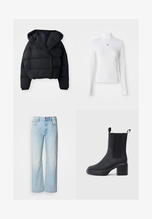 Sort pufferjakke med cropped design, der har hætte, quiltet tekstur og elastiske manchetter. Minimalistisk stil og letvægtsmateriale.; Langærmet, hvid turtleneck-top lavet af ribbet materiale. Har et lille broderet logo i midten. Tæt pasform uden mønstre.; Lyseblå brede jeans lavet af denim med et klassisk fem-lomme design og en subtil falmet tekstur. Denim-syninger er synlige.; Sorte ankelstøvler i glat gummimateriale, med elastiske sidepaneler, blokhæle og trækskilt øverst for nem påtagning.