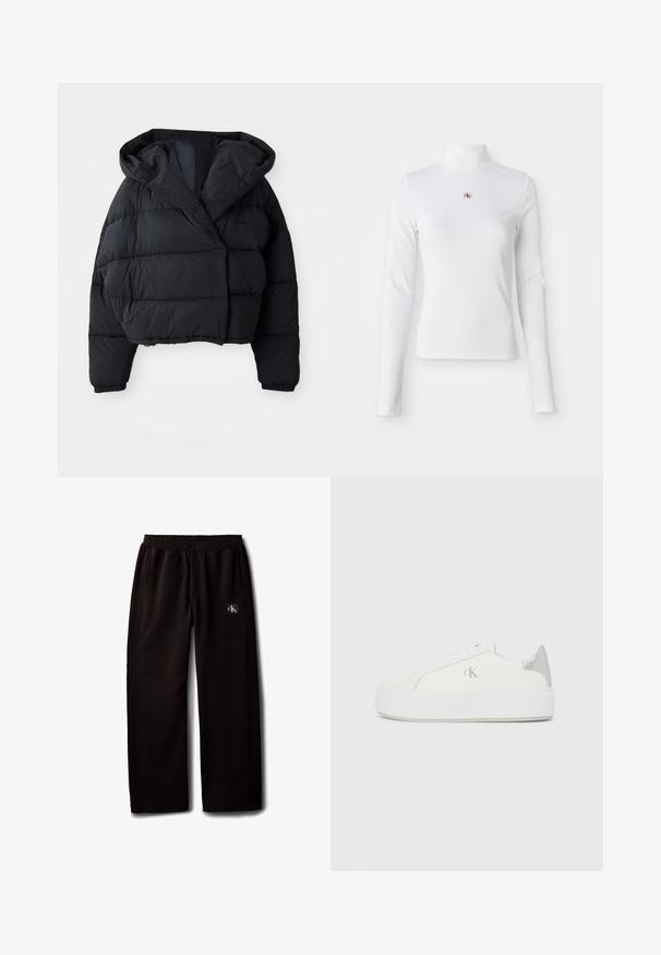 Zwarte gewatteerde jas met een cropped ontwerp, voorzien van een capuchon, een gewatteerde textuur en elastische cuffs. Minimalistische stijl en lichtgewicht materiaal.; Witte turtleneck met lange mouwen, gemaakt van ribbelstof. Bevat een klein geborduurd logo in het midden. Aansluitend ontwerp zonder patronen.; Zwarte wijde broek met elastische tailleband en zijzakken, met een klein Calvin Klein logo-patch op de rechterdij.; Witte canvas sneakers met een dikke witte zool, voorzien van een metallic zilveren accent op de hiel en een subtiel logo detail aan de zijkant.