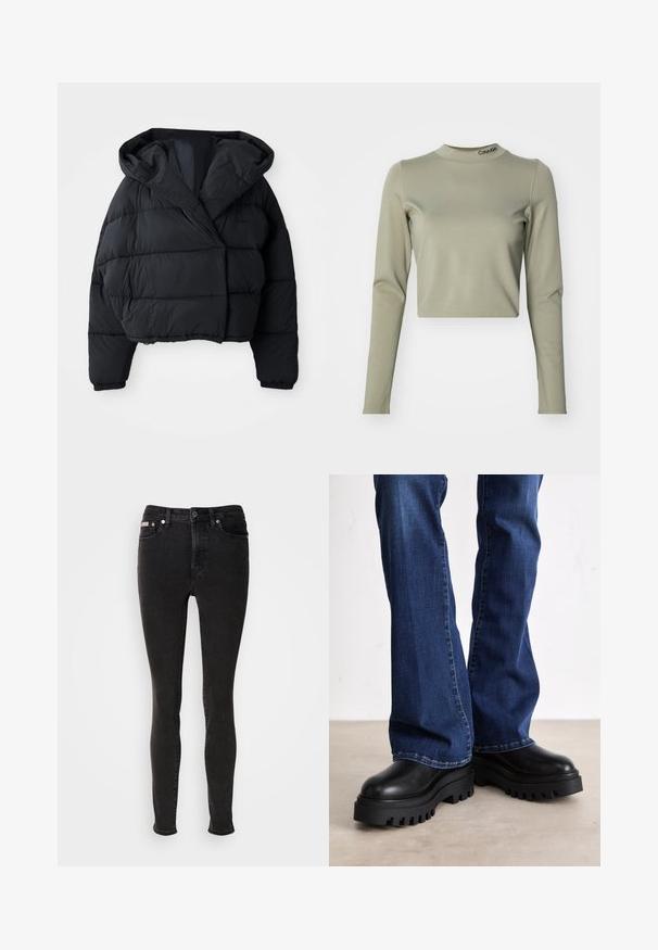 Zwarte gewatteerde jas met een cropped ontwerp, voorzien van een capuchon, een gewatteerde textuur en elastische cuffs. Minimalistische stijl en lichtgewicht materiaal.; Korte mouwen top in licht olijfgroen, gemaakt van gladde stretchstof, met een hoge hals en een Calvin Klein-logo op de kraag.; Zwarte skinny jeans van denim met een gladde textuur, voorzien van een ontwerp met vijf zakken, riemlussen en metalen knoopsluiting.; Chunky zwarte platformlaarzen met gestructureerde rubberen zolen, een ronde neus en een glad leren bovenwerk, gecombineerd met blauwe flared jeans.