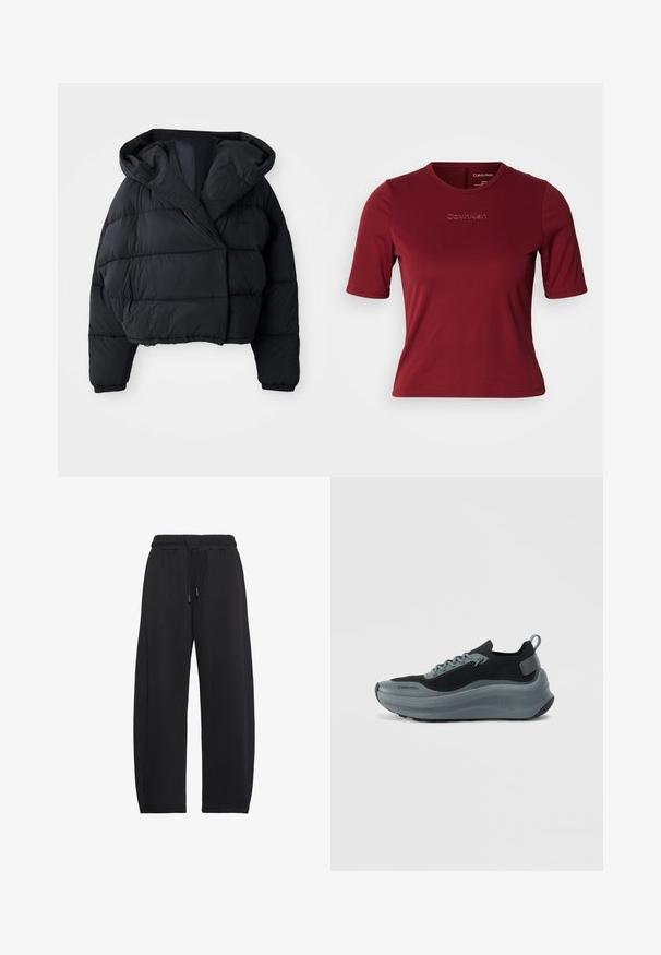 Sort pufferjakke med cropped design, der har hætte, quiltet tekstur og elastiske manchetter. Minimalistisk stil og letvægtsmateriale.; Mørkerød T-shirt med korte ærmer lavet af glat stof med rund halsudskæring. Har præget "Calvin Klein"-logo foran.; Sorte løstsiddende sweatpants med elastisk taljebånd og snøre, designet til afslappet eller atletisk brug.; Sort og grå atletisk sko med en strikket overdel, tykk skum mellemsål og bageste tab. Har snørebånd og en tekstureret gummisål.