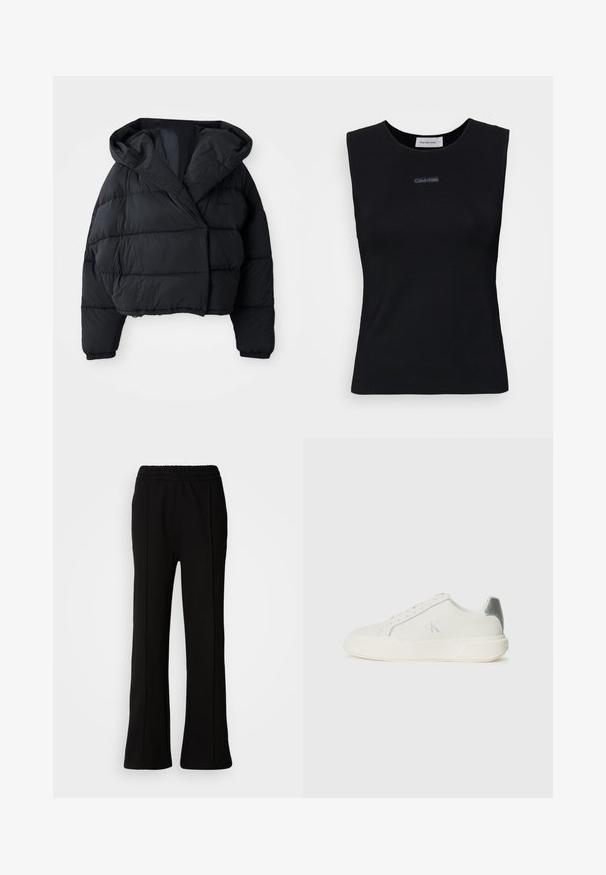 Sort pufferjakke med cropped design, der har hætte, quiltet tekstur og elastiske manchetter. Minimalistisk stil og letvægtsmateriale.; Sort ærmeløs top lavet af glat stof. Har en rund halsudskæring og et lille Calvin Klein-logo i midten. Simpelt og tætsiddende design.; Sorte elastiske bukser med en flagrende design, der har rene linjer og ingen synlige pynt. Lavet af et glat, strækbart stof.; Hvide sneakers lavet af læder med en glat tekstur, forsynet med en sølvaccent på hælen, flad sål og minimalistisk design.