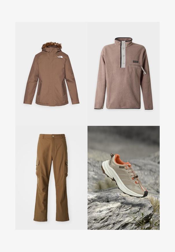 Bruine geïsoleerde jas met een afneembare nepbontkap, rits aan de voorkant, dubbele zijzakken en een wit logo op de linkerkant van de borst.; Taupekleurige fleece trui met lange mouwen, hoge kraag, vier drukknopen, ritsvak op de borst en Columbia-logo op de borst.; Bruine cargobroek met een rechte snit, voorzien van twee zijzakken en een ritssluiting. Gemaakt van een gestructureerde stof met een gladde afwerking.; Beige en oranje wandelschoen met dikke zool, GORE-TEX-label en "TERREX"-branding, afgebeeld boven rotsachtig terrein.