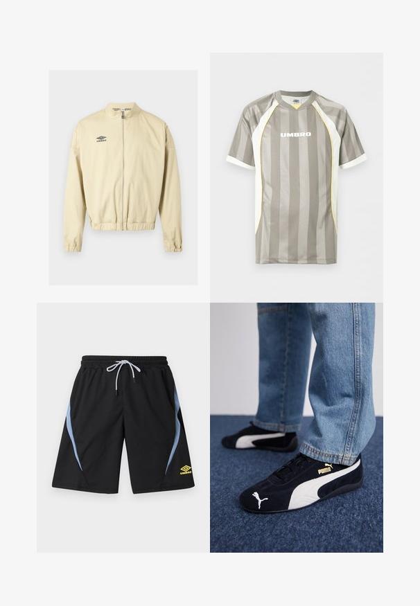 Veste beige avec fermeture éclair, col montant, poignets et ourlet élastiques, arborant un petit logo noir Umbro sur la poitrine gauche.; Maillot de sport gris à manches courtes avec des rayures verticales, des panneaux latéraux blancs avec des bordures jaunes, et le logo "UMBRO" centré sur la poitrine.; Shorts de sport noirs avec des bandes latérales bleu clair, taille élastique, cordon blanc et logo Umbro jaune sur la jambe gauche.; Baskets en daim noir avec accents blancs, arborant un logo doré. Portées avec un jean en denim bleu clair et posées sur une surface bleue texturée.