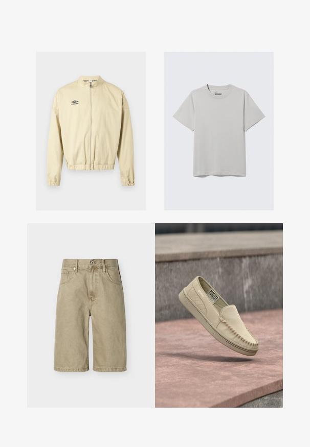 Veste beige avec fermeture éclair, col montant, poignets et ourlet élastiques, arborant un petit logo noir Umbro sur la poitrine gauche.; T-shirt en coton gris clair avec un col rond et des manches courtes, arborant un design minimaliste et une coupe décontractée. Aucun motif ni accent.; Shorts en denim beige longueur genou avec bouton avant, fermeture éclair, passants pour ceinture et poches sur un fond gris clair uni.; Mocassin slip-on beige en daim avec un panneau latéral matelassé, des coutures style mocassin et une semelle en caoutchouc, flottant au-dessus d'une surface en pierre.