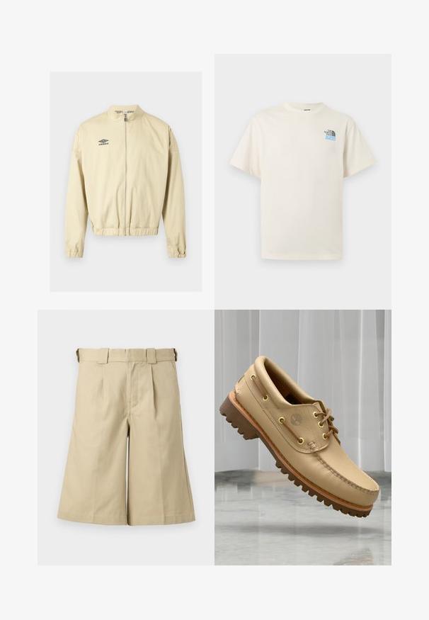 Veste beige avec fermeture éclair, col montant, poignets et ourlet élastiques, arborant un petit logo noir Umbro sur la poitrine gauche.; T-shirt à manches courtes couleur blanc cassé avec col rond et petit logo The North Face noir et bleu sur la poitrine gauche.; Shorts beige longueur genou avec devant plissé, passants de ceinture, poches latérales et design épuré et ajusté.; Chaussure bateau en cuir marron clair avec semelle épaisse et striée et détails de lacets, flottant au-dessus d'un sol en marbre et d'un fond de stores verticaux blancs.