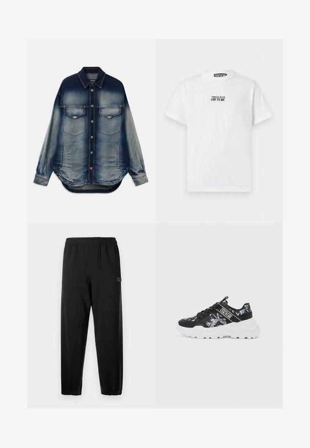 Denimjakke med en gradient blå farve, to brystlomme, sølvknapper, lange ærmer og buet kantdesign.; Hvid kortærmet t-shirt med rund hals og lille "Versace Jeans Couture"-logo i sort tekst centreret på brystet.; Sorte sweatpants med elastisk talje, skrå ben og et lille mærketegn. Fremstillet af glat, let stof.; Sorte atletiske sko med blomsterprint og hvid kraftig sål. Har sorte snørebånd og et logo-bånd på siden. Tekstureret stofoverdel.