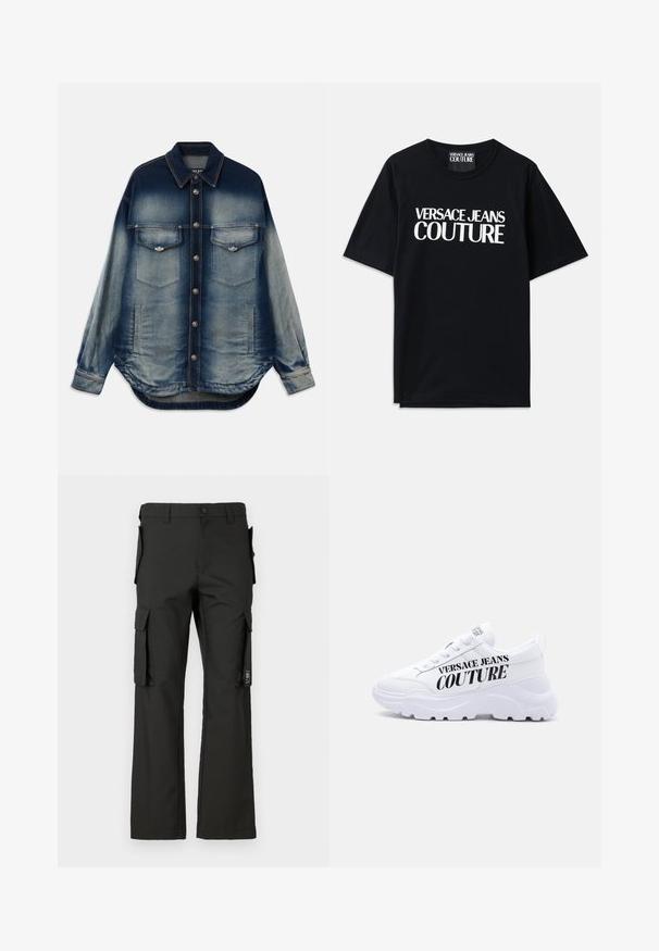 Denimjakke med en gradient blå farve, to brystlomme, sølvknapper, lange ærmer og buet kantdesign.; Sort bomulds t-shirt med korte ærmer, der har stor hvid tekst "VERSACE JEANS COUTURE" på forsiden. Klassisk crew neck design.; Sorte cargobukser med lige ben-design, der har flere sidelommer og en knappelukning. Fremstillet af slidstærkt stof med en glat tekstur.; Hvid chunky sneaker med tyk sål, snøredesign og "Versace Jeans Couture" trykt med fede sorte bogstaver på siden.