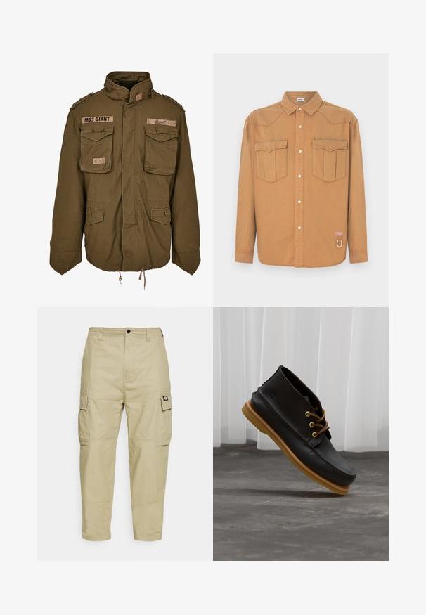 Veste M65 vert olive avec col montant, deux poches poitrine, cordon de serrage à la taille et patchs cousus sur les épaules.; Chemise en denim marron avec deux poches poitrine, col pointu, devant boutonné et coutures contrastées. Présente un patch logo et un détail boucle.; Pantalons cargo beiges en tissu durable, avec deux poches latérales, une fermeture à bouton, et des jambes fuselées avec une texture lisse.; Chaussures en cuir noir avec une finition lisse, bout rond, lacets marron et semelles en caoutchouc marron clair. Logo embossé sur le côté.