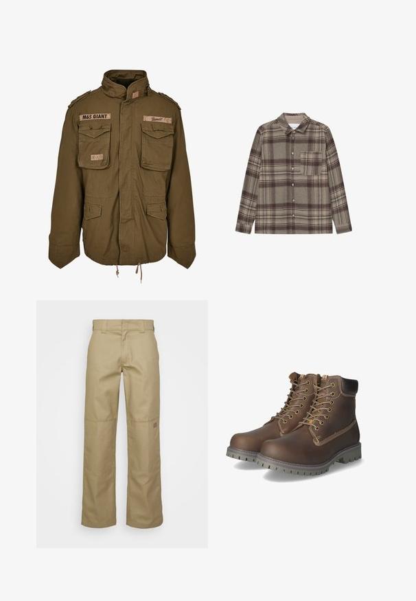 Olivengrøn M65 jakke med ståkrave, to brystlommer, justerbar talje-snører og broderede lapper på skuldrene.; Brun ternet flannel skjorte med klassisk krave, lange ærmer, knaplukning foran og en brystlomme. Blødt stof med subtile mønstre.; Beige vidde bukser lavet af en blanding af bomuldsstof. Har forstærkede knæpuder og et lille logo-patch på det øverste ben.; Brune læder ankelstøvler med snørebånd, polstret krave, kontrasterende syninger og slidstærk gummisål med skridsikre mønstre.