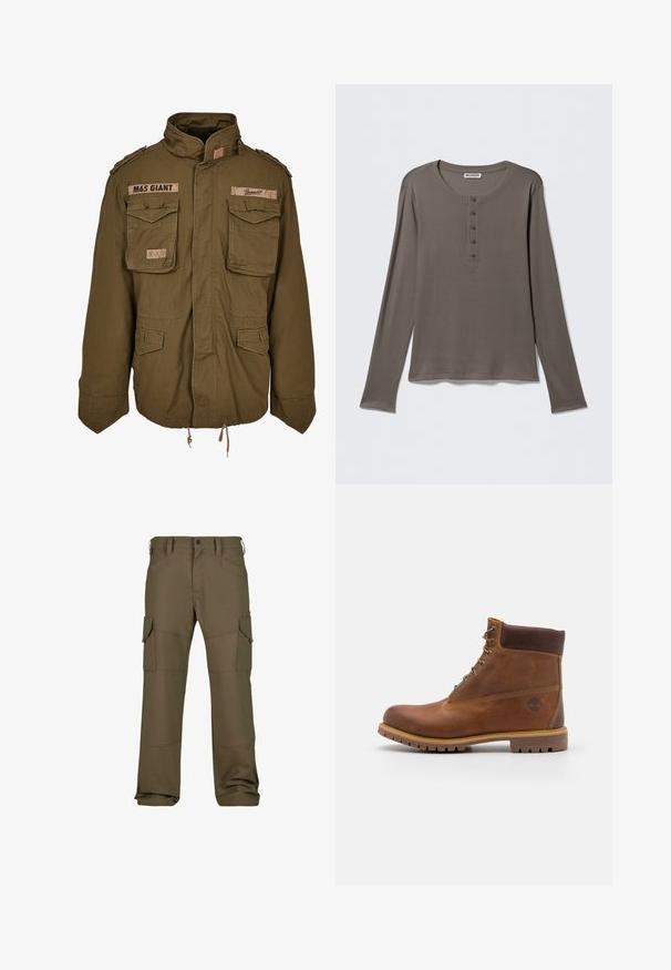 Olijfgroene M65-jack met een staande kraag, twee borstzakken, een verstelbare taille met trekkoord en geborduurde patches op de schouders.; Grijze henley met lange mouwen, vijf knopen en een ronde hals, getoond tegen een eenvoudige witte achtergrond.; Cargo broek in donkergroen olijf, met meerdere zakken, verstevigde stiksels, een rechte pasvorm en een gladde textuurstof.; Bruine leren wandelschoen met een gladde afwerking, gevoerde enkel, metalen oogjes en een rubberen zool met een robuust profiel.