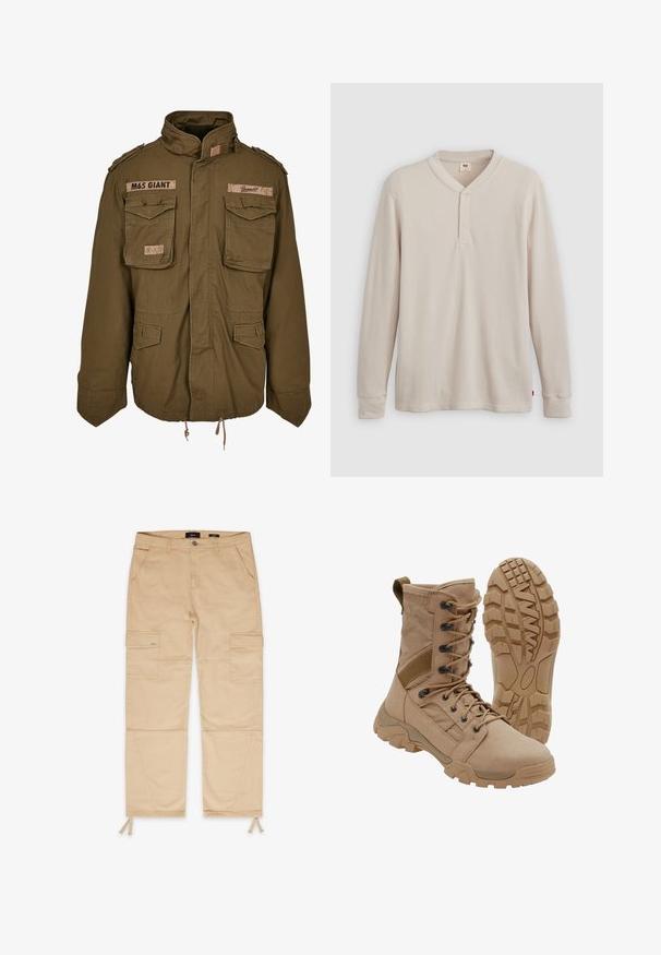 Veste M65 vert olive avec col montant, deux poches poitrine, cordon de serrage à la taille et patchs cousus sur les épaules.; T-shirt henley à manches longues en tissu côtelé beige clair, avec un col en V, une patte de boutonnage à trois boutons et des manches à poignets. Étiquette logo rouge à l'ourlet.; Pantalons cargo beiges avec deux poches avant et deux poches latérales. Présente des cordons élastiques aux chevilles et des détails de couture renforcée.; Botte tactique beige avec un lacet montant à la cheville et une semelle en caoutchouc robuste, une botte debout et une montrant le motif de la semelle.