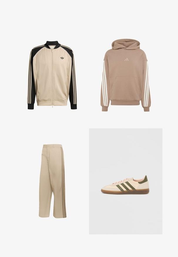 Beige sportjakke med meshstruktur, sorte detaljer og tre sorte striber på ærmerne. Har lynlåslukning og en sort krave.; Lysebrun hættetrøje med forlommer, tre hvide striber på hver ærme og et lille broderet logo på brystet.; Beige bukser med vide ben med knap- og lynlåslukning, med tre mørkere beige sidelommer langs de ydre sømme.; Beige Adidas Spezial sneaker med lav profil, grønne striber, gummisål og "SPEZIAL"-branding på siden, vist fra ydersiden.