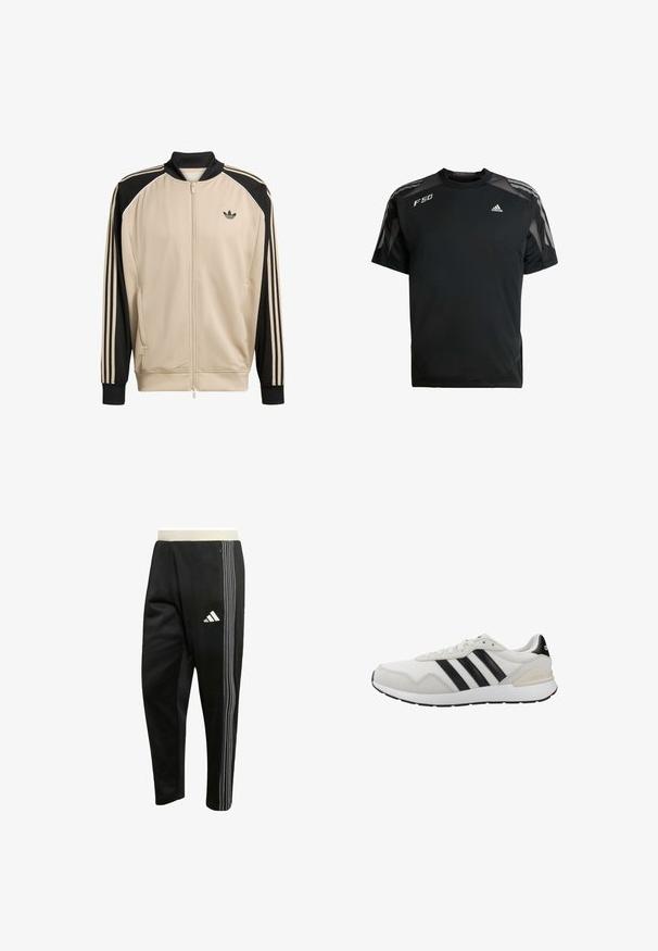 Beige sportjakke med meshstruktur, sorte detaljer og tre sorte striber på ærmerne. Har lynlåslukning og en sort krave.; Sort atletisk T-shirt lavet af letvægtsstof, med mesh skulderpaneler, korte ærmer og hvide adidas og F50 logoer.; Sort atletikbukser med hvide tredobbelte striber ned langs siden, lynlåslomme og et hvidt Adidas-logo på låret.; Hvide atletiksko med sorte striber. Fremstillet af mesh og ruskind, med gummisål og polstret krave for komfort. Klassisk design.