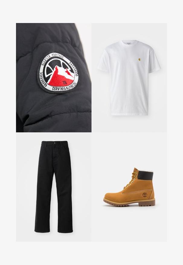 Zwarte gewatteerde jas met mouw waarop een ronde geborduurde patch is aangebracht met bergafbeeldingen in rood en wit, en de tekst "CERVINIA ALPINE SKI."; Witte katoenen t-shirt met korte mouwen en ronde hals, voorzien van een klein gouden logo op de linkerkant van de borst. Zachte textuur en een normale pasvorm.; Zwarte denim broek met een rechte pasvorm, voorzien van voorzakken, een rits en een enkele bovenste knoop. Gestructureerde stof met een matte afwerking.; Bruine leren enkellaars met metalen oogjes, witte faux bont voering, zwarte gewatteerde kraag, robuuste zool en een reliëflogo aan de zijkant.