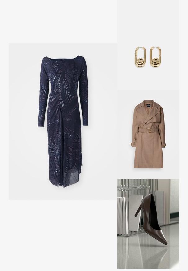 MARCIANO BY GUESS CHRISTINA - Trenchcoat - taupe; Langærmet, mørkeblå kjole med et bladmønster, der har en indsugget talje og en svømmede nederdel, som hænger til den ene side.; Mørkebrunt læderhæl med høj hæl, der svæver over en reflekterende gulvplade nær en metalhylde med hvide paneler i et rum.; BOSS DOUBLE B SWING - Øreringe - gold-coloured