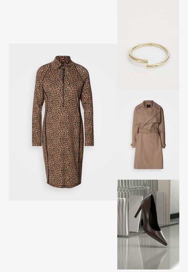 MARCIANO BY GUESS CHRISTINA - Trenchcoat - taupe; Leopardenmuster-Kleid mit hohem Kragen und halbem Reißverschluss. Aus dehnbarem Stoff gefertigt, mit langen Ärmeln und seitlichen Nähten in Schwarz.; Dunkelbrauner, hochhackiger Lederschuh, der über einem reflektierenden Boden in der Nähe eines Metallgestells mit weißen Paneelen in einem Raum schwebt.; Calvin Klein SPIRAL - Armband - gold-coloured