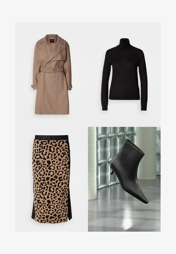 MARCIANO BY GUESS CHRISTINA - Trenchcoat - taupe; Sort turtleneck sweater lavet af et let strikket stof. Har lange ærmer og en tætsiddende silhuet med raglan-sømme.; Pencilskørt i leopardprint med en beige bund og sorte pletter, en tætsiddende pasform og en sort talje. Inkluderer sideslidsdetalje.; Sort læderankelstøvle med spids tå og lille hæl vist mod en væg af glasblokke og poleret gulv baggrund.