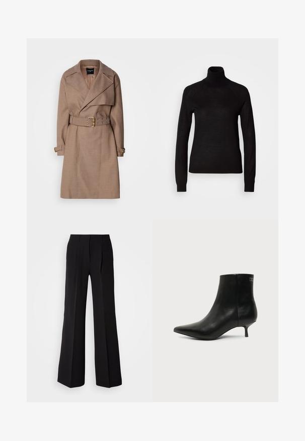 MARCIANO BY GUESS CHRISTINA - Trenchcoat - taupe; Schwarzer Rollkragenpullover aus leichtem Strickmaterial. Mit langen Ärmeln und einer figurbetonten Silhouette mit Raglanärmeln.; Schwarze Hose aus glattem Stoff, mit hohem Bund, weitem Schnitt und zwei vorderen Falten für zusätzlichen Designakzent.; Schwarzer Leder-Knöchel-Stiefel mit spitzer Spitze und niedrigem Kittenabsatz vor hellem Hintergrund, seitliche Ansicht.