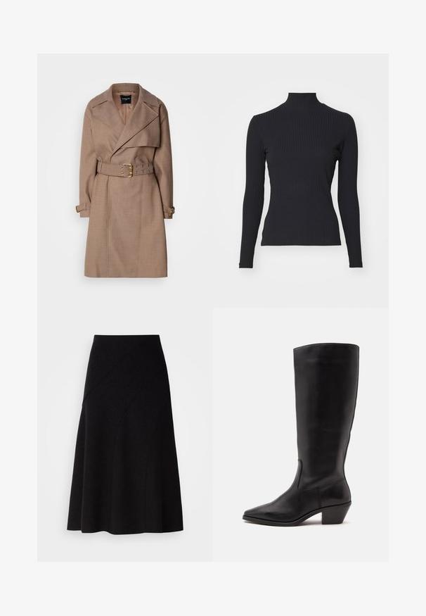 MARCIANO BY GUESS CHRISTINA - Trenchcoat - taupe; Sort ribbet turtle-sweater med lange ærmer. Lavet af strækbart stof med en tætsiddende pasform og høj krave. Enkel design uden udsmykninger.; Sort uld A-line nederdel med mellem høj talje, der har diagonale sømdetaljer og en glat tekstur, der falder lige under knæet.; Sort læderstøvle til midtkalv med spids tå og lavt skråt hæl på en enkel lys baggrund.