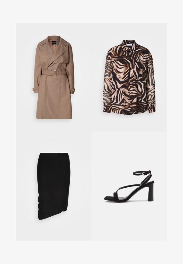 MARCIANO BY GUESS CHRISTINA - Trenchcoat - taupe; Langærmet skjorte i let materiale med et brun- og sort zebra mønster, med knaplukning foran og en enkelt brystlomme.; Sorte blyantskirt med et tætsiddende design, der har en skrå søm, glat tekstur og høj talje. Velegnet til forskellige anledninger.; Sorte hælede sandaler med en ruskindsoverflade, featuring firkantet tå, tynde stropper og ankelspænde. Hælen er cylindrisk og solid.