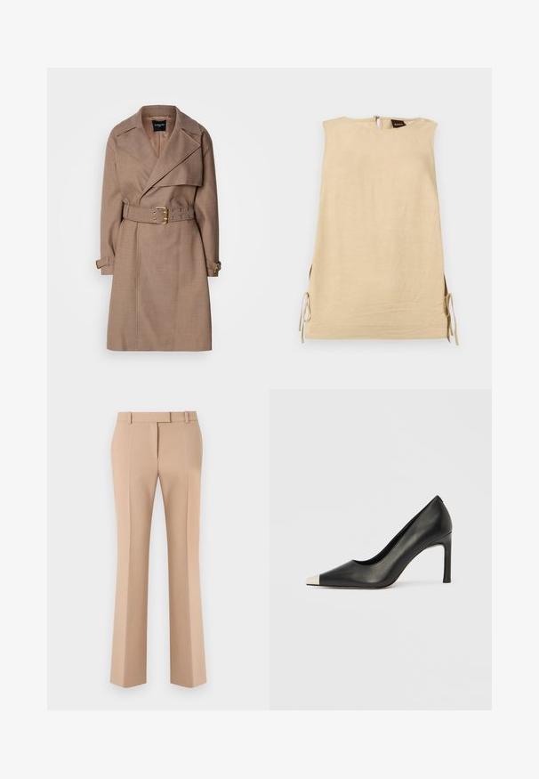 MARCIANO BY GUESS CHRISTINA - Trenchcoat - taupe; Ærmeløs beige kjole med sidelommer bundet med sløjfer, høj halsudskæring og lynlås bagpå med synligt Boss-mærke.; Beige skræddersyede bukser med lige ben, bæltestropper og forreste pres, vist mod en hvid baggrund.; Sort læder højhælet sko med spids tå og metal-sølv hætte. Har en glat finish og en slank hæl på 10 cm.