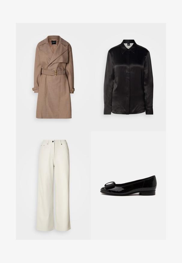 MARCIANO BY GUESS CHRISTINA - Trenchcoat - taupe; Sort satin langærmet skjorte med spidse krave, lukning foran med knapper og manchetter. Glat tekstur og minimalistisk design.; Cremefarvede bukser med brede ben lavet af glat stof. Har en mellemhøj talje, lynlås i gulvet og to frontlommer med sorte hardware accenter.; Sort laklæder flad sko med lav hæl og stor dekorativ sløjfe på den runde tå, mod en ensartet lys baggrund.