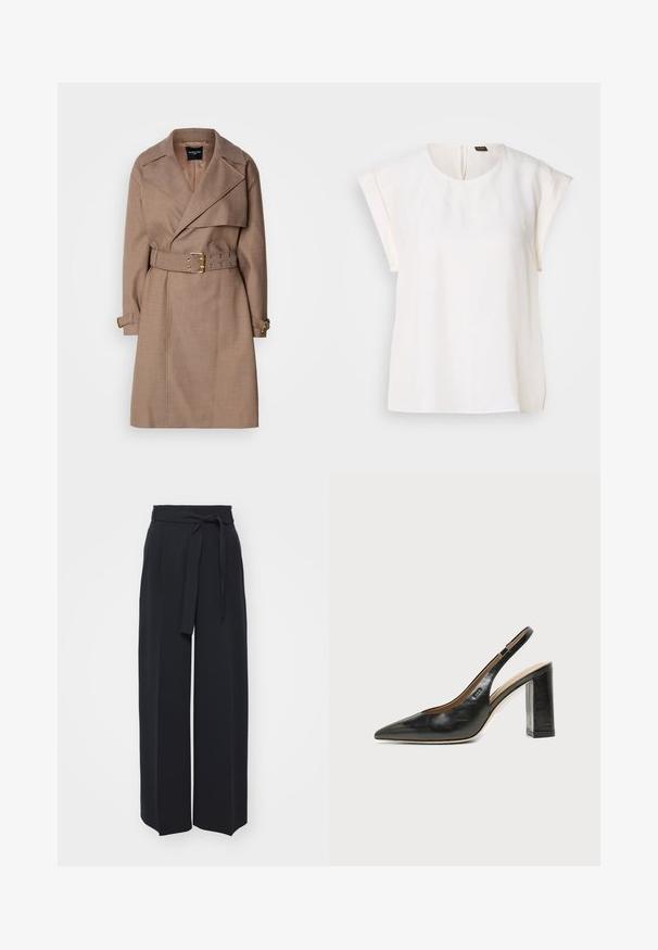 MARCIANO BY GUESS CHRISTINA - Trenchcoat - taupe; Hvid bluse med korte ærmer, rund halsudskæring og løs pasform, med et lille sort og orange mærke på bagsiden af kraven.; Vide sorte bukser lavet af blød stof. Har en bælteholdbar talje og frontfolder. Glat tekstur med et rent, moderne design.; Sort læder peep-toe slingback sko med høj blokhæl og beige indvendig foring mod en ensfarvet lys baggrund.