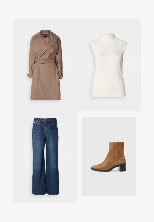 MARCIANO BY GUESS CHRISTINA - Trenchcoat - taupe; Mouwloze witte coltrui gemaakt van zacht materiaal; heeft een aansluitend ontwerp met een hoge hals en een subtiele geribbelde textuur aan de zoom.; Wijdvallende jeans van donkerblauwe denim. Kenmerken zijn een hoge taille, vijf zakken en contrasterende oranje stiksels langs de naden.; Bruine suède enkellaars met een spitse neus, een middellange blokhak en subtiele, geperforeerde logo-detail. Ritsluiting aan de zijkant.