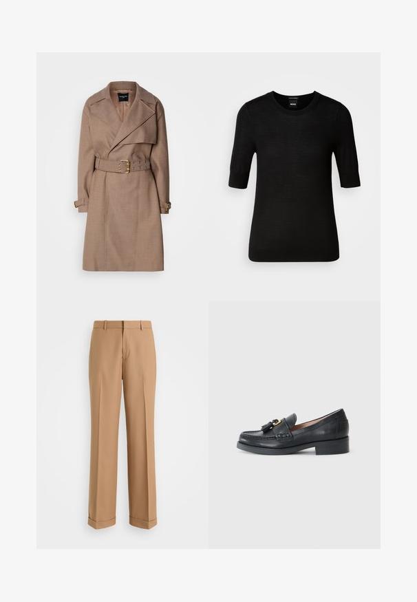 MARCIANO BY GUESS CHRISTINA - Trenchcoat - taupe; Sort T-shirt med korte ærmer lavet af fin merinould. Rund halsudskæring, slim fit, glat tekstur, minimalt design, ingen synlige mønstre eller accenter.; Beige skræddersyede bukser med lige ben, lavet af blødt stof, med en frontfold og oprullede manchetter ved kanten.; Sorte læder loafers med rund tå, dekorative kvaster og en lille hæl. Har synlig syning og en glat overflade.