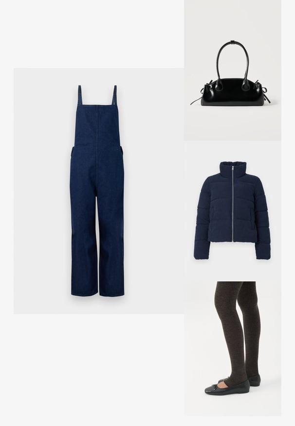 Mørkeblå fløjlspufferjakke med høj krave, fuld frontlynlås og lange ærmer, designet til koldt vejr.; Marineblå denim overalls med brede ben, justerbare stropper og sidelommer, der har et rent, minimalistisk design og en glat tekstur.; Ben iført mørke ribbede leggings kombineret med sorte balletsko med små sløjfedetaljer på hvid baggrund.; Lille sort blank håndtaske med to lange håndtag og snøre-detaljer i siden på en ensfarvet lys baggrund.
