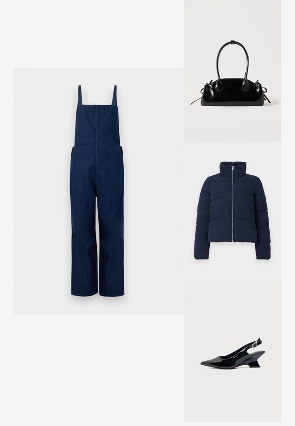 Mørkeblå fløjlspufferjakke med høj krave, fuld frontlynlås og lange ærmer, designet til koldt vejr.; Marineblå denim overalls med brede ben, justerbare stropper og sidelommer, der har et rent, minimalistisk design og en glat tekstur.; Sort laklæder slingback sko med spids tå og lav vinklet blokhæl på ensartet lys baggrund.; Lille sort blank håndtaske med to lange håndtag og snøre-detaljer i siden på en ensfarvet lys baggrund.