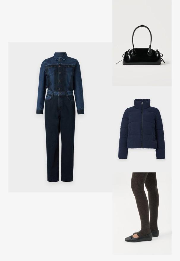 Mørkeblå fløjlspufferjakke med høj krave, fuld frontlynlås og lange ærmer, designet til koldt vejr.; Denim jumpsuit med en mørkeblå farve, lange ærmer, knaplukning foran, krave og bælte i taljen med to brystlommer.; Ben iført mørke ribbede leggings kombineret med sorte balletsko med små sløjfedetaljer på hvid baggrund.; Lille sort blank håndtaske med to lange håndtag og snøre-detaljer i siden på en ensfarvet lys baggrund.