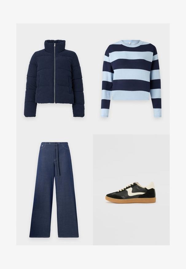 Mørkeblå fløjlspufferjakke med høj krave, fuld frontlynlås og lange ærmer, designet til koldt vejr.; Lyseblå og marineblå stribet sweater med rund halsudskæring, lange ærmer og ribbede manchetter. Fremstillet af et blødt, strikket stof.; Bredde ben denim bukser i mørkeblå, med en snoretræk i taljen, forlommer og kontrasterende hvide sømdetaljer.; Sorte ruskinds- og lædersneakers med en cremefarvet side-swoosh og lys cremefarvet hæl. Har beige snørebånd og en gummirubber-sål.