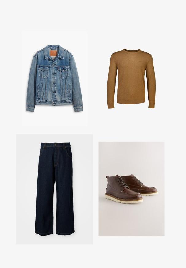 Helle blaue Jeansjacke mit klassischem Design, Knopfverschluss, zwei Brusttaschen und einem Leder-Logo-Patch am Kragen.; Brauner Pullover mit Rundhalsausschnitt aus Strickstoff. Verfügt über lange Ärmel, gerippte Bündchen und ein dezentes Logo auf der Brust.; Weite Jeans in dunkelblauem Denim mit goldenen Nähten, einem Knopfverschluss und vier Taschen. Der Saum ist leicht ausgefranst.; Braune Lederstiefel mit Schnürdesign, weißen Nähten und einer kontrastierenden Sohle. Verfügt über eine abgerundete Spitze und knöchelhohe Form.