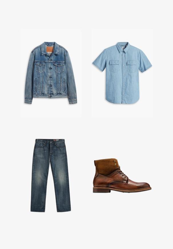 Helle blaue Jeansjacke mit klassischem Design, Knopfverschluss, zwei Brusttaschen und einem Leder-Logo-Patch am Kragen.; Himmelblaues kurzärmliges Hemd mit Knopfleiste aus Denim, ausgestattet mit zwei Brusttaschen mit vertikaler Naht und klassischem Kragen.; Dunkelblaue Straight-Leg-Denimjeans mit Fronttaschen und Knopfverschluss, die dezente ausgebleichte Bereiche an Oberschenkeln und Knien aufweisen.; Kazar ALID - Schnürstiefelette - brown