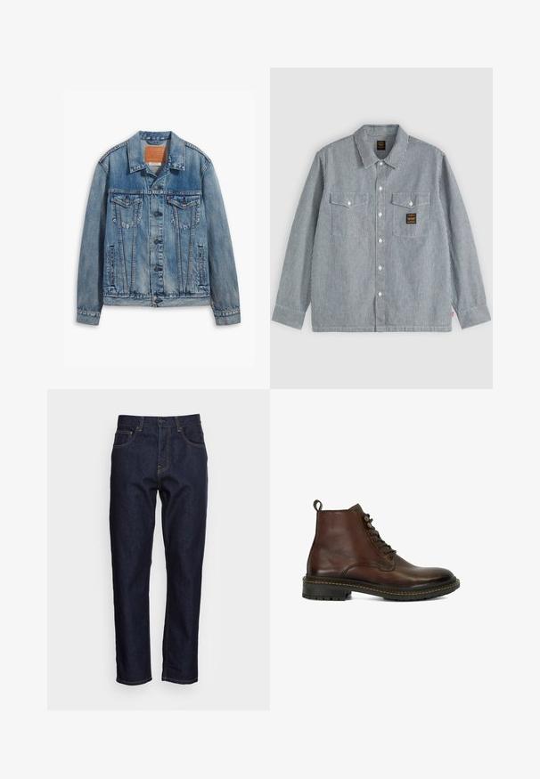 Light blue denim jacket featuring a classic design, button closure, two chest pockets, and a leather brand patch at the collar.; Long-sleeve button-up shirt with thin vertical black and white stripes, two front pockets with flaps, and a small black patch on the right pocket.; Dark blue denim jeans with a straight cut, five pockets, and contrasting yellow stitching. Designed with a classic button and zipper closure.; Brown leather ankle boot with six eyelets, round toe, textured fabric loop, and contrasting stitching on a black rubber sole.