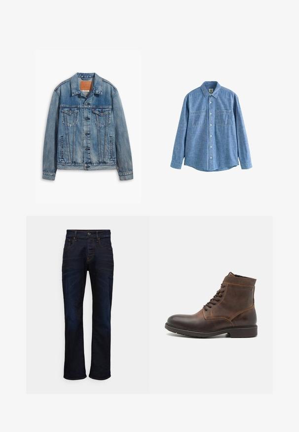 Lichtblauwe denimjack met een klassiek ontwerp, knoopsluiting, twee borstzakken en een leren merkpatch op de kraag.; Blauw chambray overhemd met lange mouwen, knoopsluiting aan de voorkant en twee borstzakken, plat gelegd op een witte achtergrond.; Donkerblauwe spijkerbroek met een recht model, vijf zakken en contrasterende stikseldetails. Het materiaal heeft een zachte, geweven structuur.; Jack & Jones JFWDELANEY BOOT - Veterboots - cognac