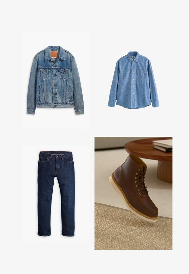 Helle blaue Jeansjacke mit klassischem Design, Knopfverschluss, zwei Brusttaschen und einem Leder-Logo-Patch am Kragen.; Langärmliges blaues Chambray-Hemd mit Knopfleiste und zwei Brusttaschen, flach auf weißem Hintergrund liegend.; Person, die dunkelblaue Jeans mit geradem Bein, weiße Sneakers und einen olivgrünen Pullover trägt, Hände in den Taschen, steht vor einem grauen Hintergrund.; Braune Leder-Ankle-Boots mit beiger Sohle auf einem strukturierten beigen Teppich neben einem runden Holztisch mit gestapelten Büchern.