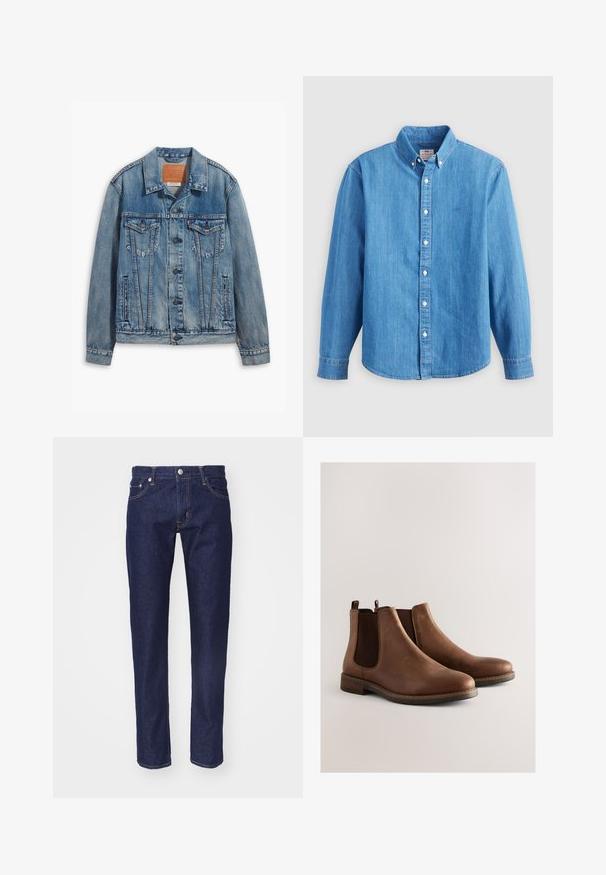 Lichtblauwe denimjack met een klassiek ontwerp, knoopsluiting, twee borstzakken en een leren merkpatch op de kraag.; Lichtblauw denim overhemd met lange mouwen, button-down kraag en witte knopen. Heeft een klein geborduurd logo op de borst.; Marineblauwe denim spijkerbroek met een rechte pasvorm, vijf-pocket ontwerp, contrasterende oranje stiksels en een zilveren knoopsluiting aan de taille.; Bruine leren Chelsea-laarzen met elastische zijpanelen, een afgeronde neus, lage gestapelde hak en stiksel details langs de zool.