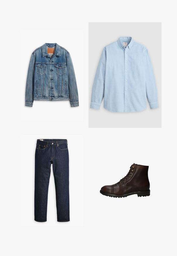 Lichtblauwe denimjack met een klassiek ontwerp, knoopsluiting, twee borstzakken en een leren merkpatch op de kraag.; Lichtblauw overhemd met lange mouwen, knoopsluiting, button-down kraag en een enkele borstzak, plat liggend op een grijze achtergrond.; Donkerblauwe denim jeans met een rechte snit, uitgerust met een vijfzakkenstijl, zichtbare stiksels en een klassieke knoopsluiting.; Donkergrote leren veterschoenen tot de enkels met een robuuste rubberen zool en metalen veters, gezien vanuit de buitenzijde.