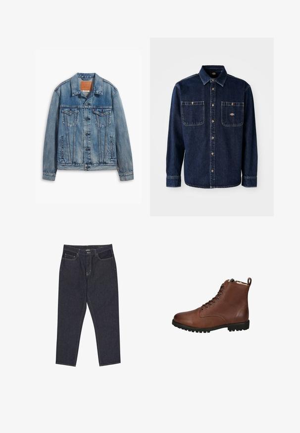 Helle blaue Jeansjacke mit klassischem Design, Knopfverschluss, zwei Brusttaschen und einem Leder-Logo-Patch am Kragen.; Dunkelblaue Jeanshemd mit Kragen, Vorderknopfverschluss, zwei Brusttaschen, goldenen Knöpfen und sichtbaren Nähten. Verfügt über ein Markenlogo.; Dunkelblaue Denim-Jeans mit geraden Beinen, Fronttaschen, Gürtelschlaufen und sichtbaren Nähten auf weißem Hintergrund.; Braune Leder-Ankle-Boots mit strukturiertem Finish, Schnürung vorne, abgerundeter Zehenpartie und dickem Gummisohle. Mit Anhänger an der Rückseite.